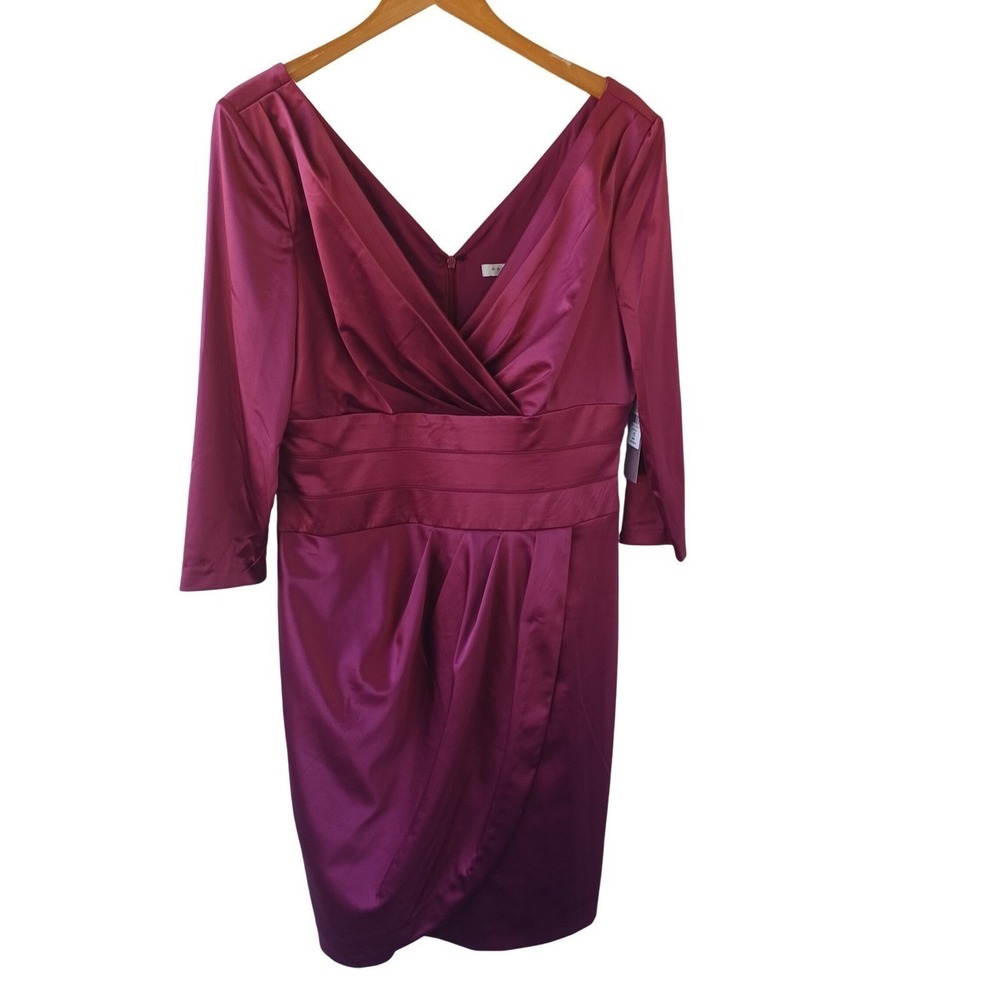 Kay Unger New York Berry Satin V-Neck 3/4 Sleeve TulipWrap Cocktail Dress 12 NWT - Picture 2 of 11